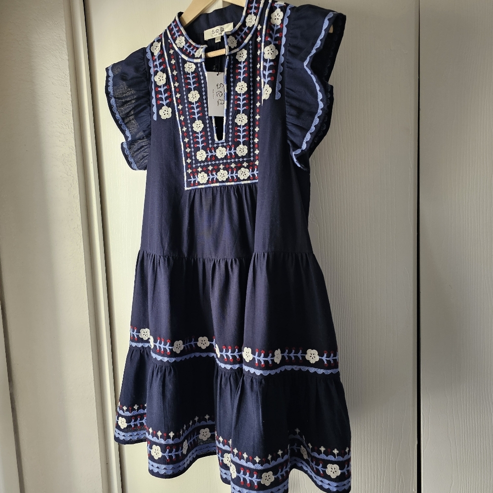 Sea New York Navy Embroidery Flutter Sleeve Mini Dress Sz L NWT - Picture 9 of 9